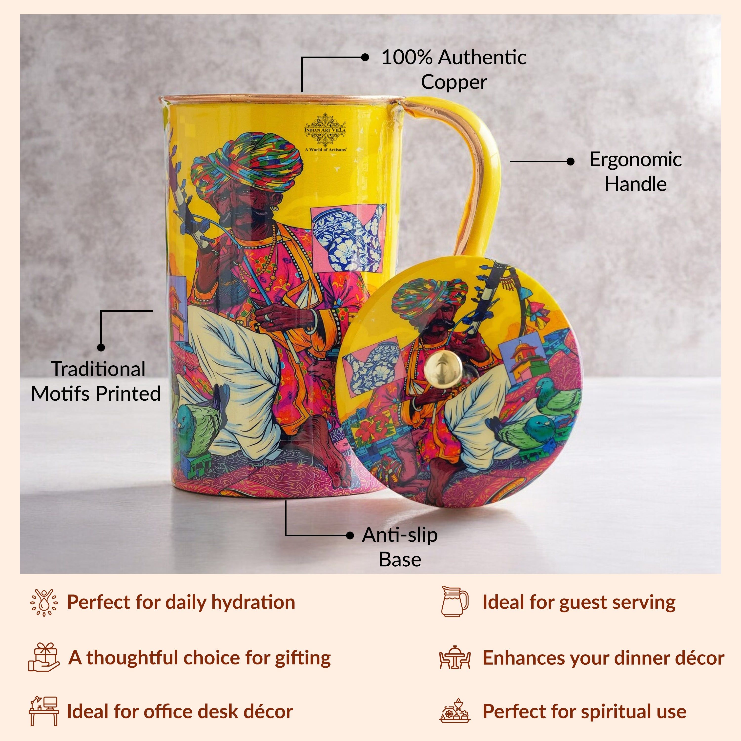 Pure copper printed jug padharo mhare desh design rajsthanimusician, 1500 ML